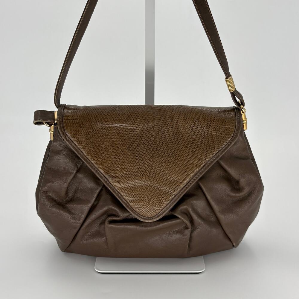 Retro 1980s Luana Italian Dark Brown Leather Lizard Embossed Shoulder Bag